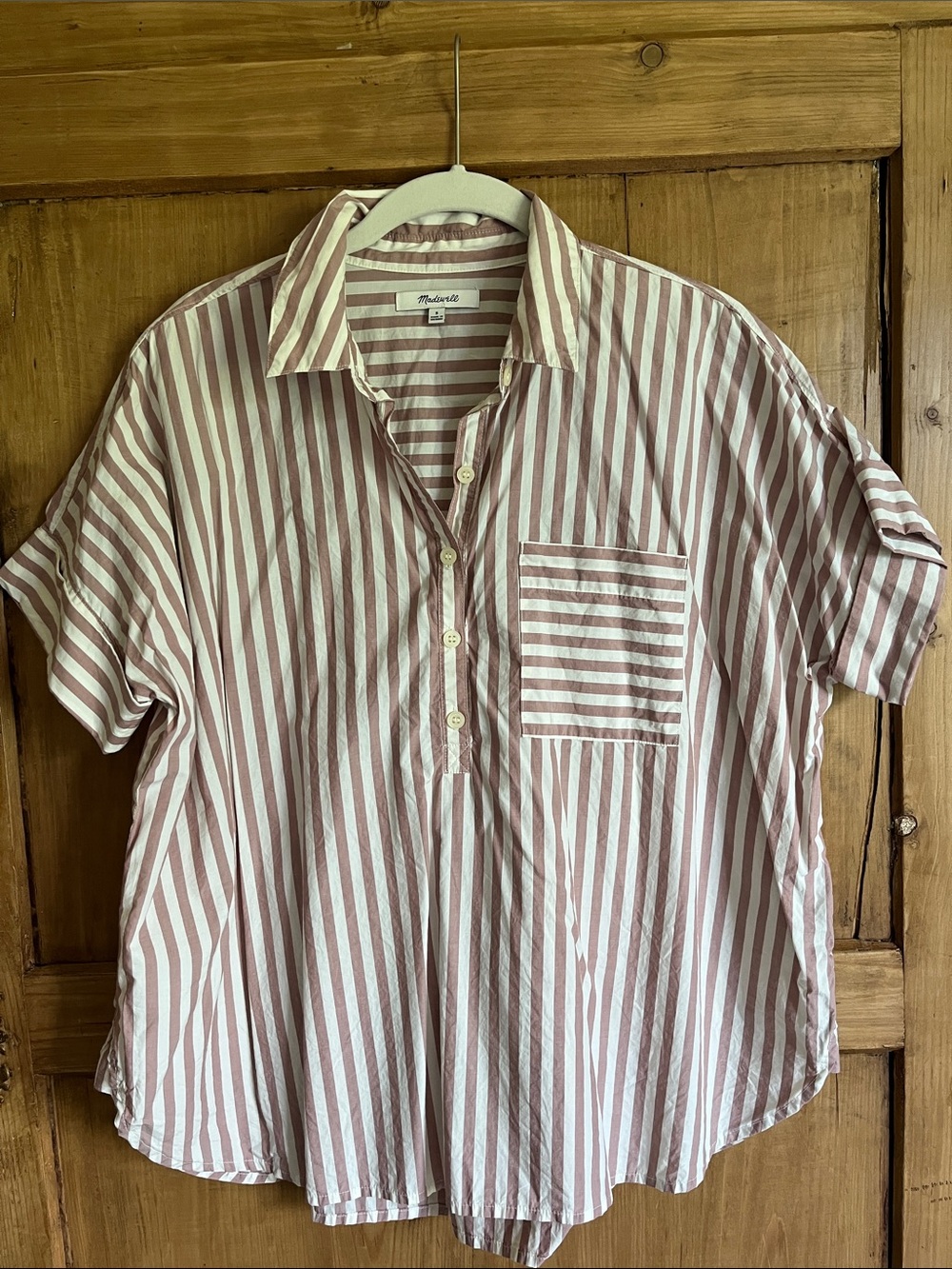 Madewell Short-Sleeve Striped Button-Front Shirt - White & Dusty Rose